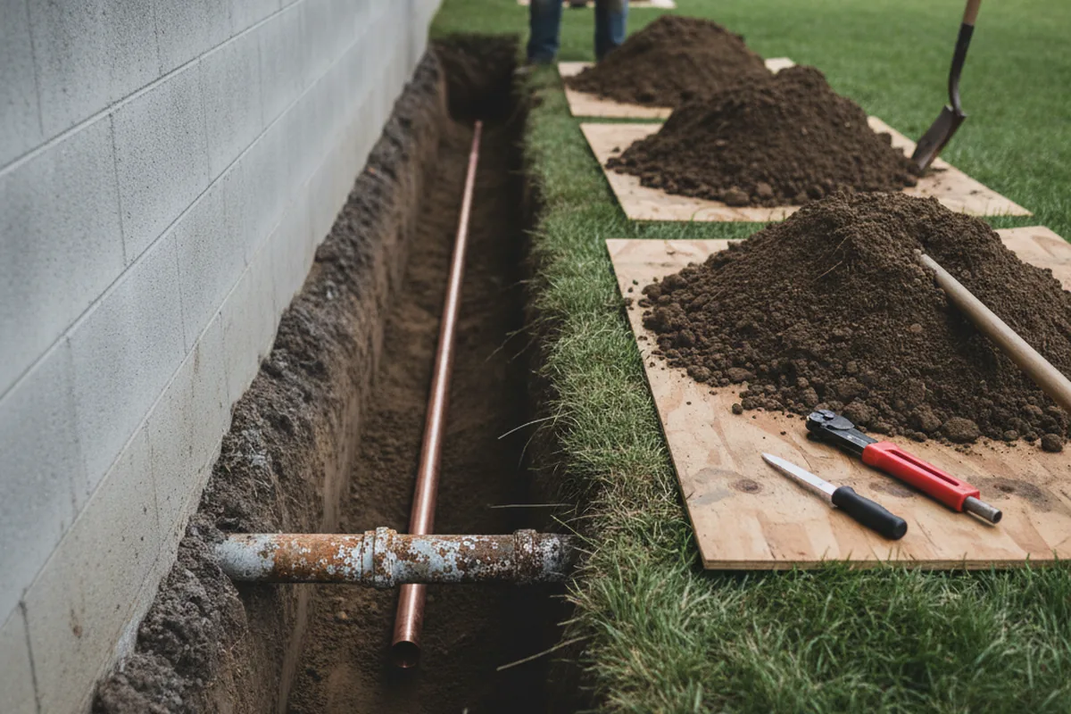 Excavated water line trench during Water Heater Repair in Centreville